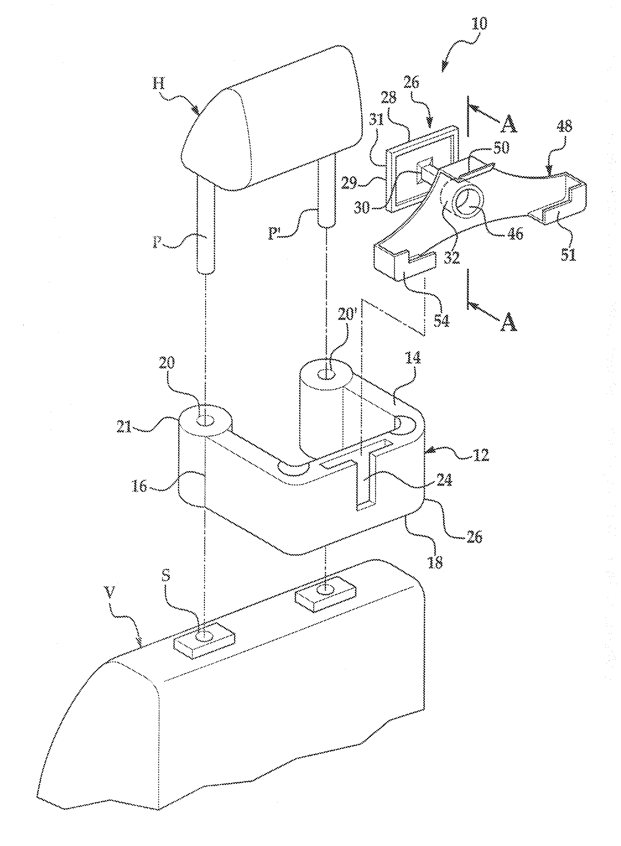 Touch screen video display device mounting system securing to vehicle seat headrest