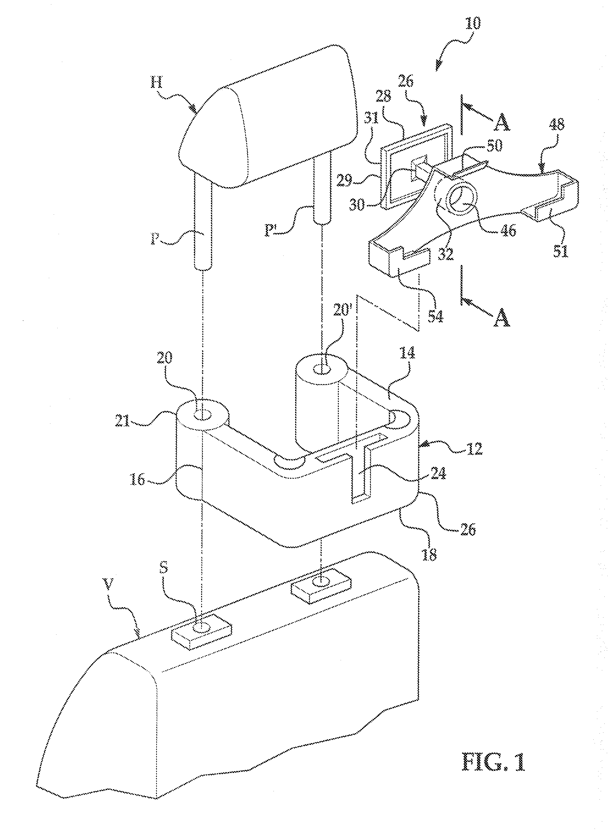 Touch screen video display device mounting system securing to vehicle seat headrest