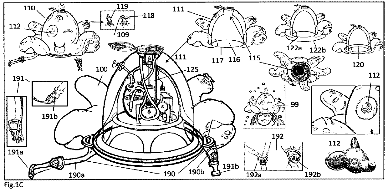 Wearable inflatable headpiece with automated soap bubble production mechanism