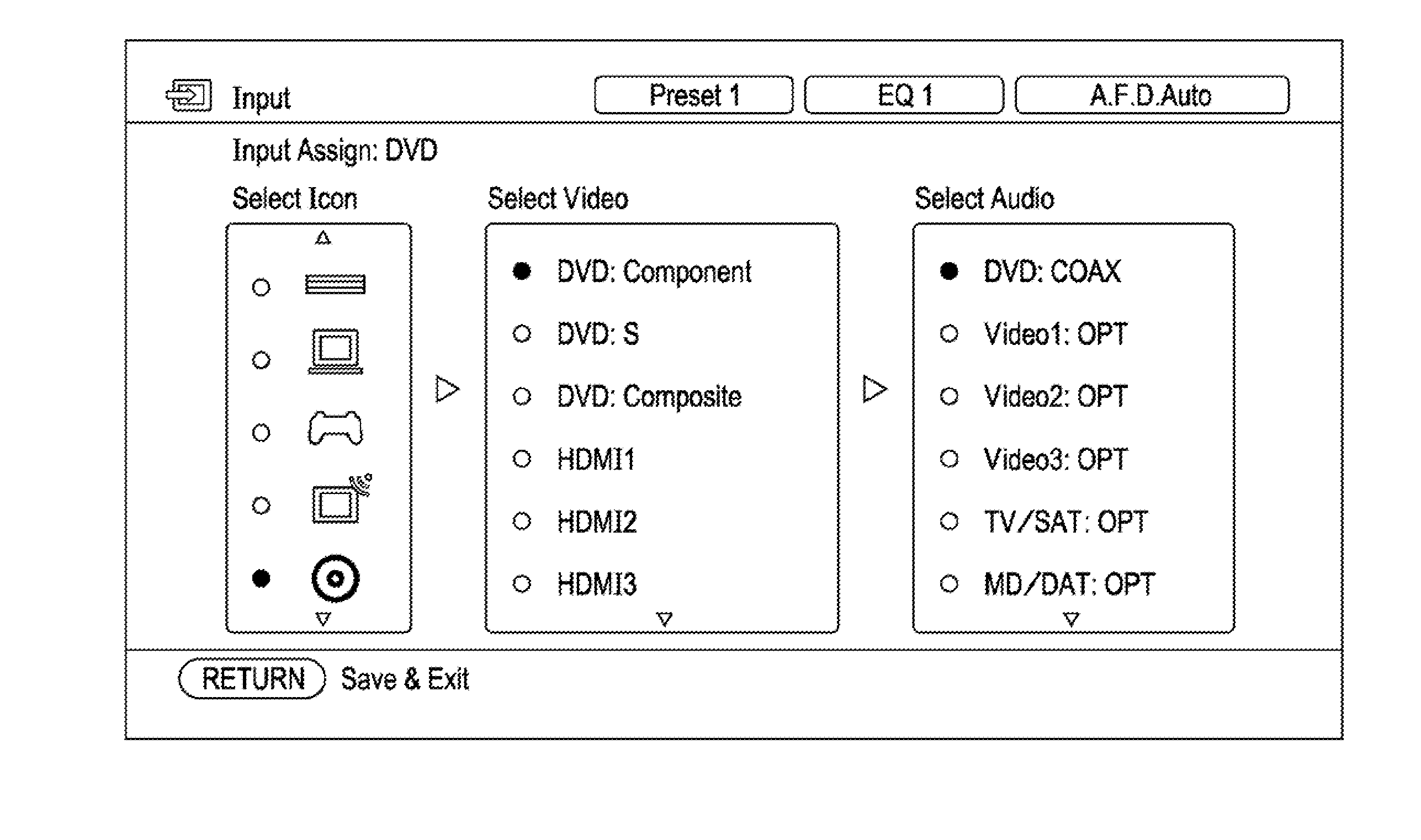 Audio/visual amplifier, selection method, program, and recording medium