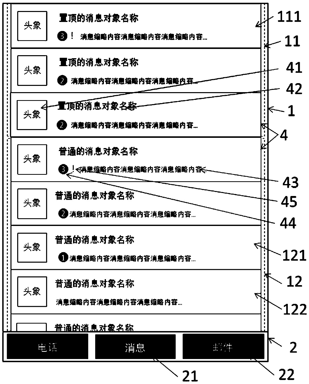 Message object list display method