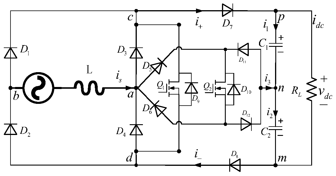 Single-phase two-tube five-level rectifier based on hybrid H bridge