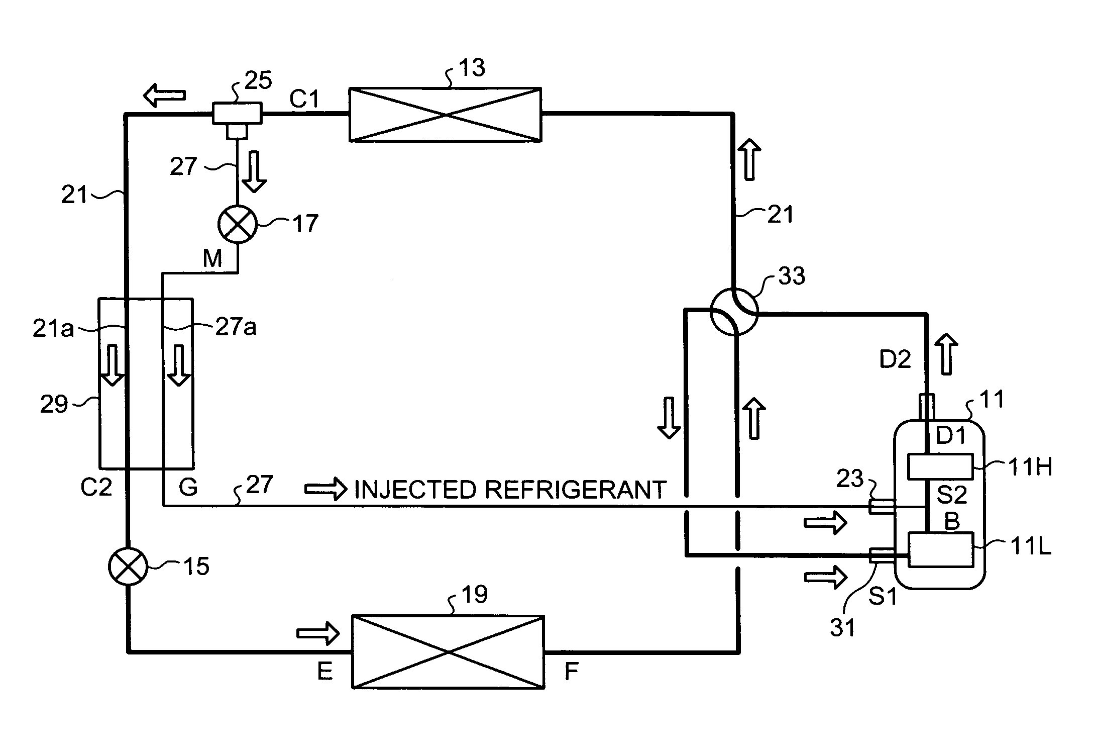 Injectable two-staged rotary compressor and heat pump system