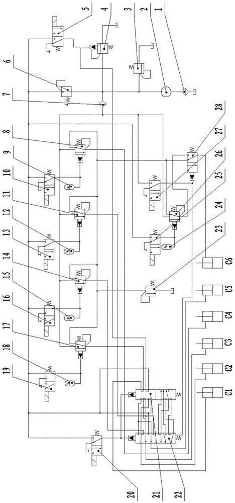 Seven-gear hydrodynamic-transmission hydraulic system