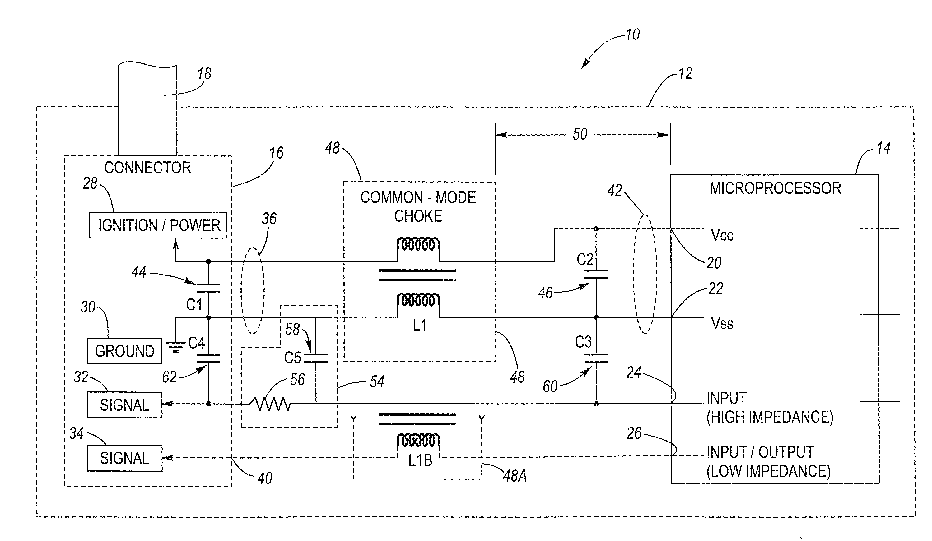 Microprocessor common-mode emissions reduction circuit