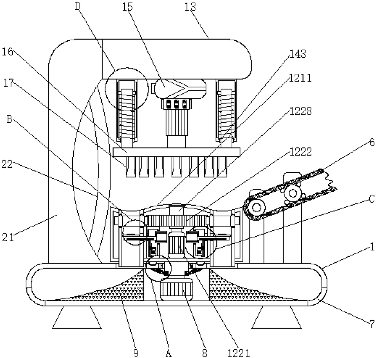 Kinetic friction force-based kernel removing device for deep processing of apples