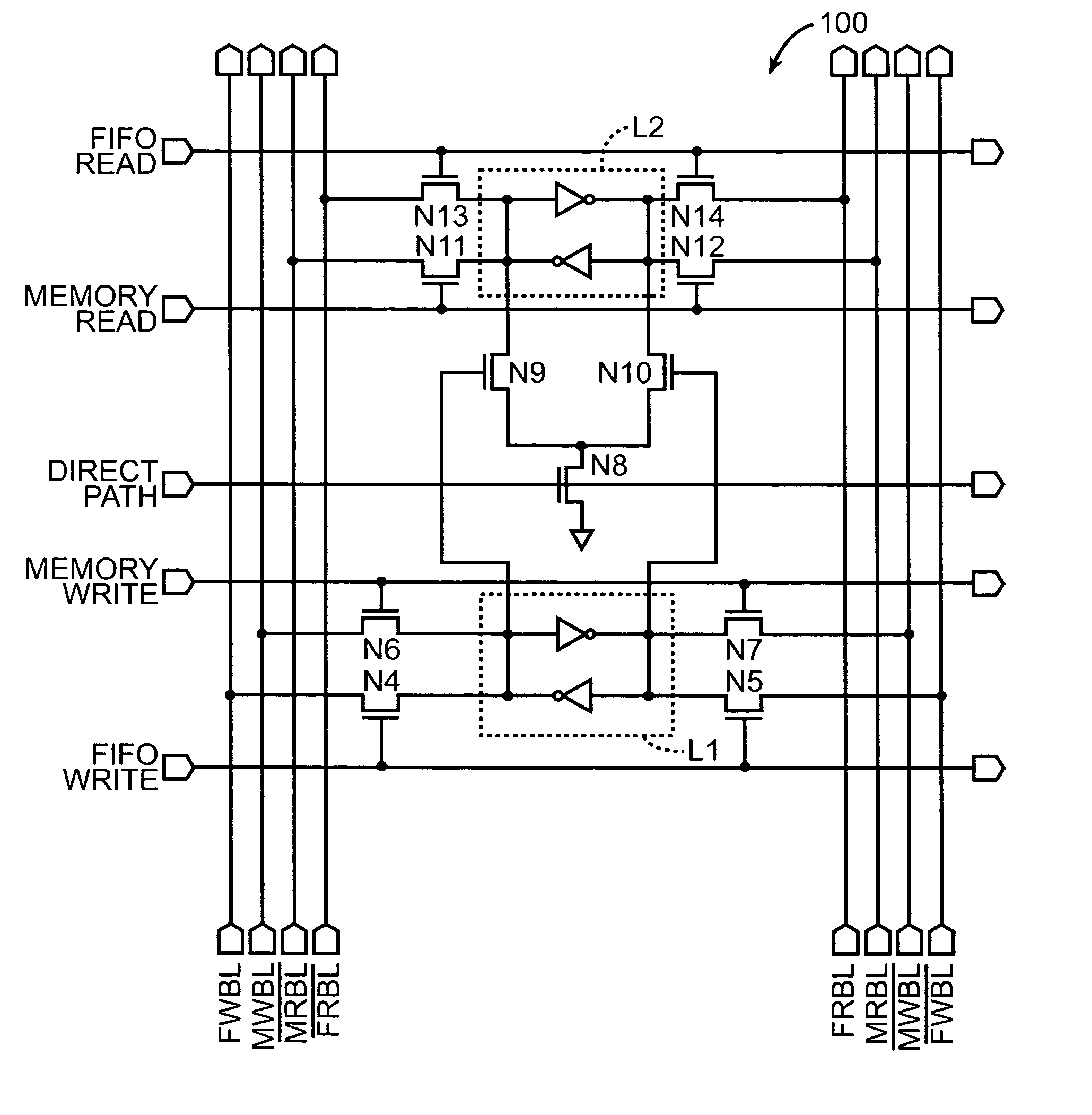 Multi-port memory cells for use in FIFO applications that support data transfers between cache and supplemental memory arrays