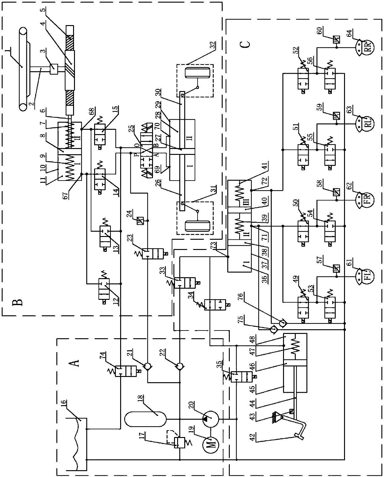 A wire-controlled hydraulic brake steering system