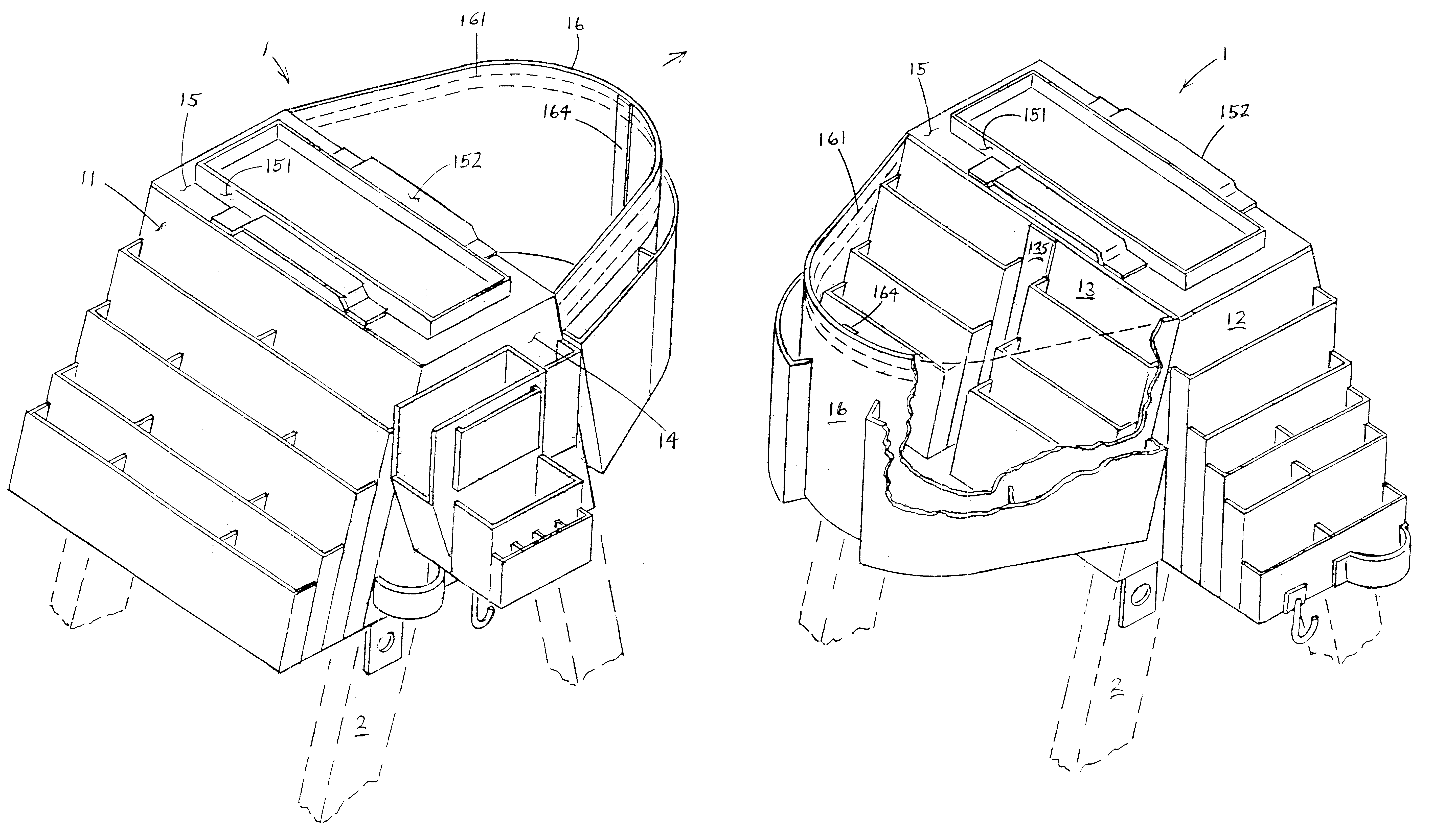 Flexible truncated-pyramidally-shaped tool and material holder with a distended paint pail pouch for removable use atop a step ladder