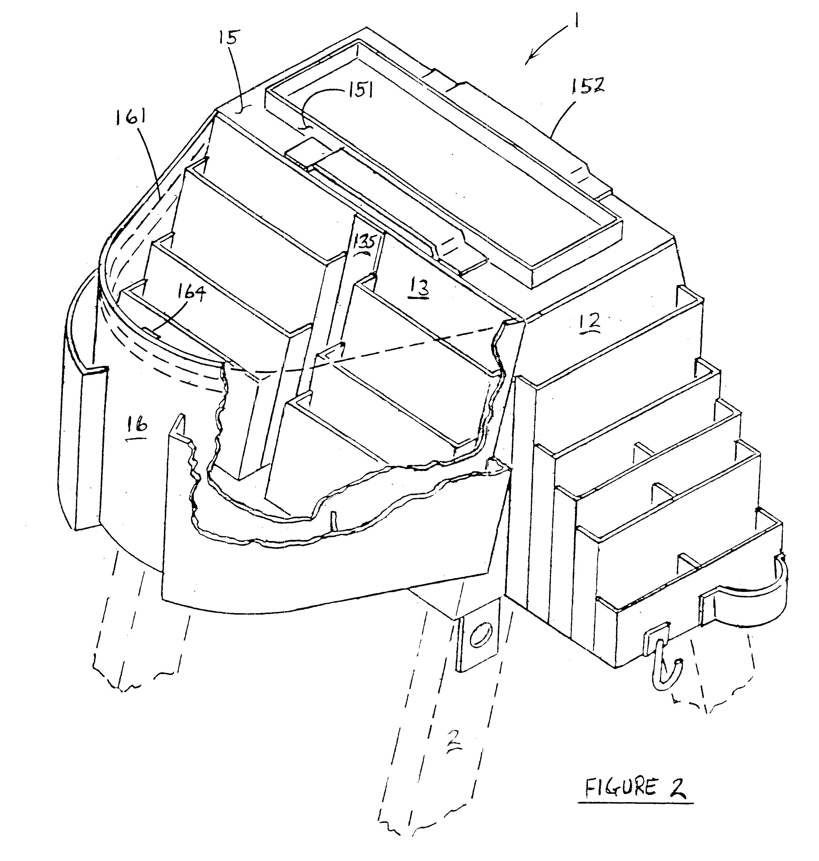 Flexible truncated-pyramidally-shaped tool and material holder with a distended paint pail pouch for removable use atop a step ladder