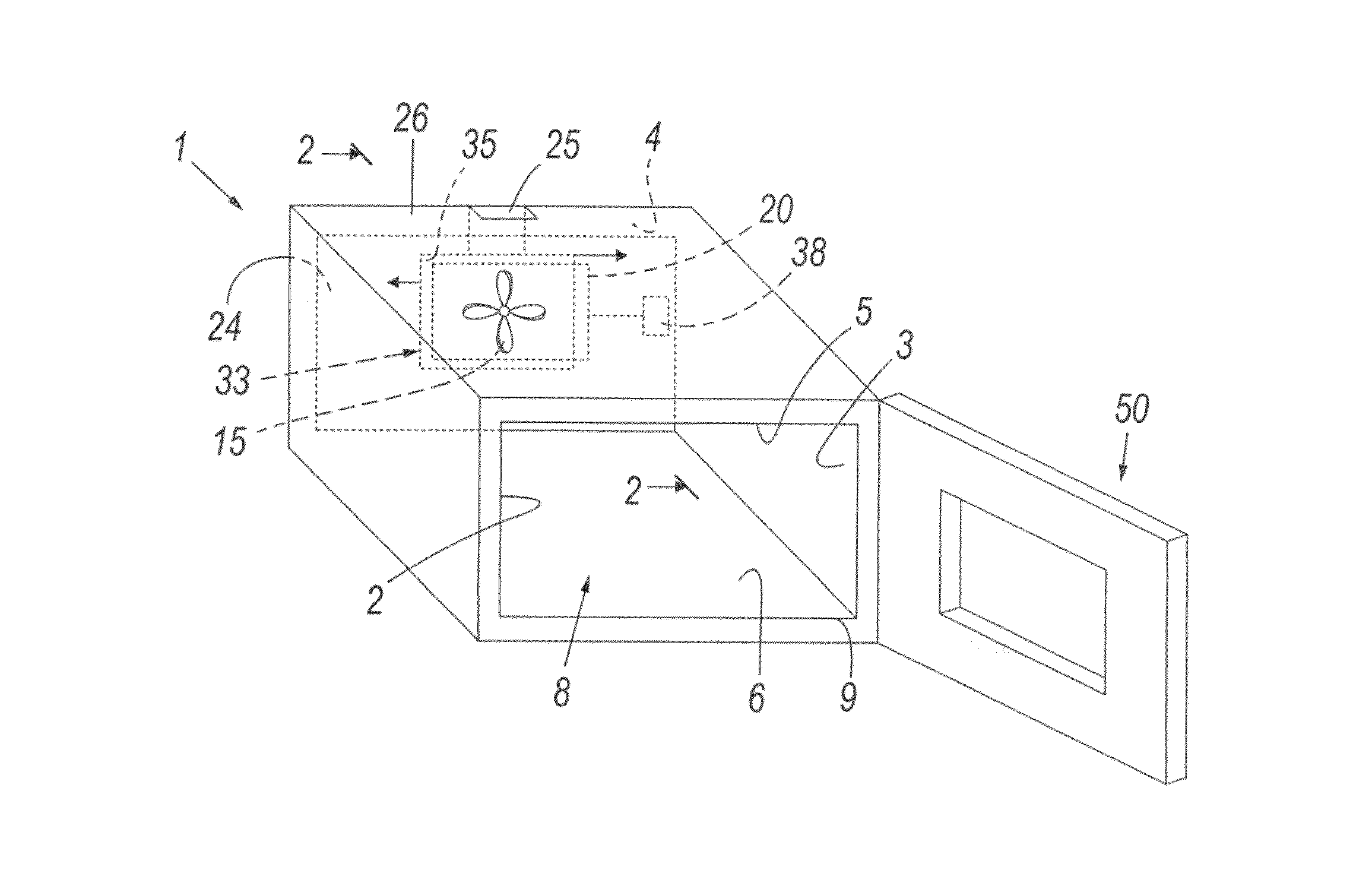 Oven provided with aperture for air entry into its cavity