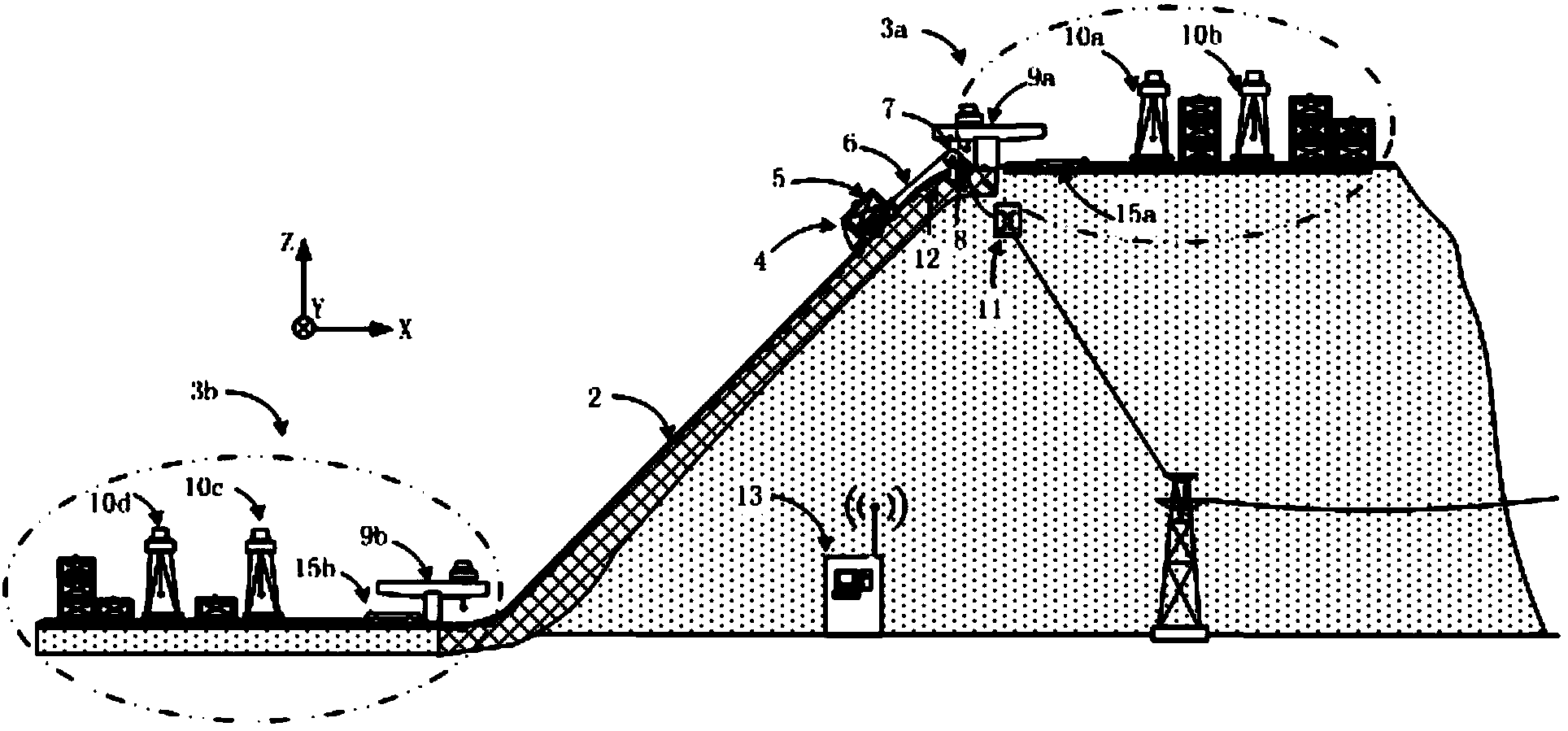 Gravity energy storing system relying on massif