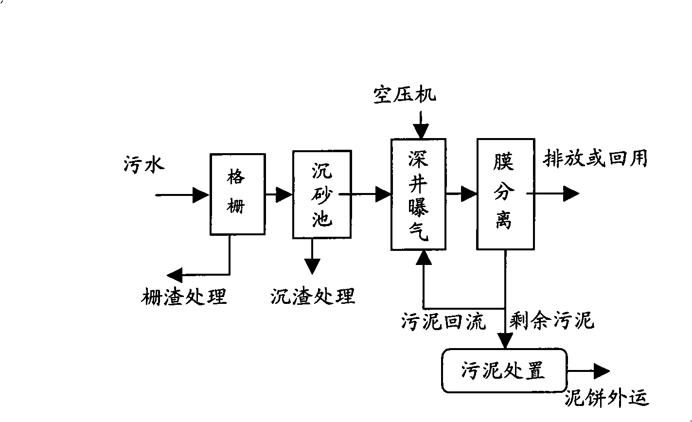 Deep well aeration film bioreactor waste water treatment process and apparatus