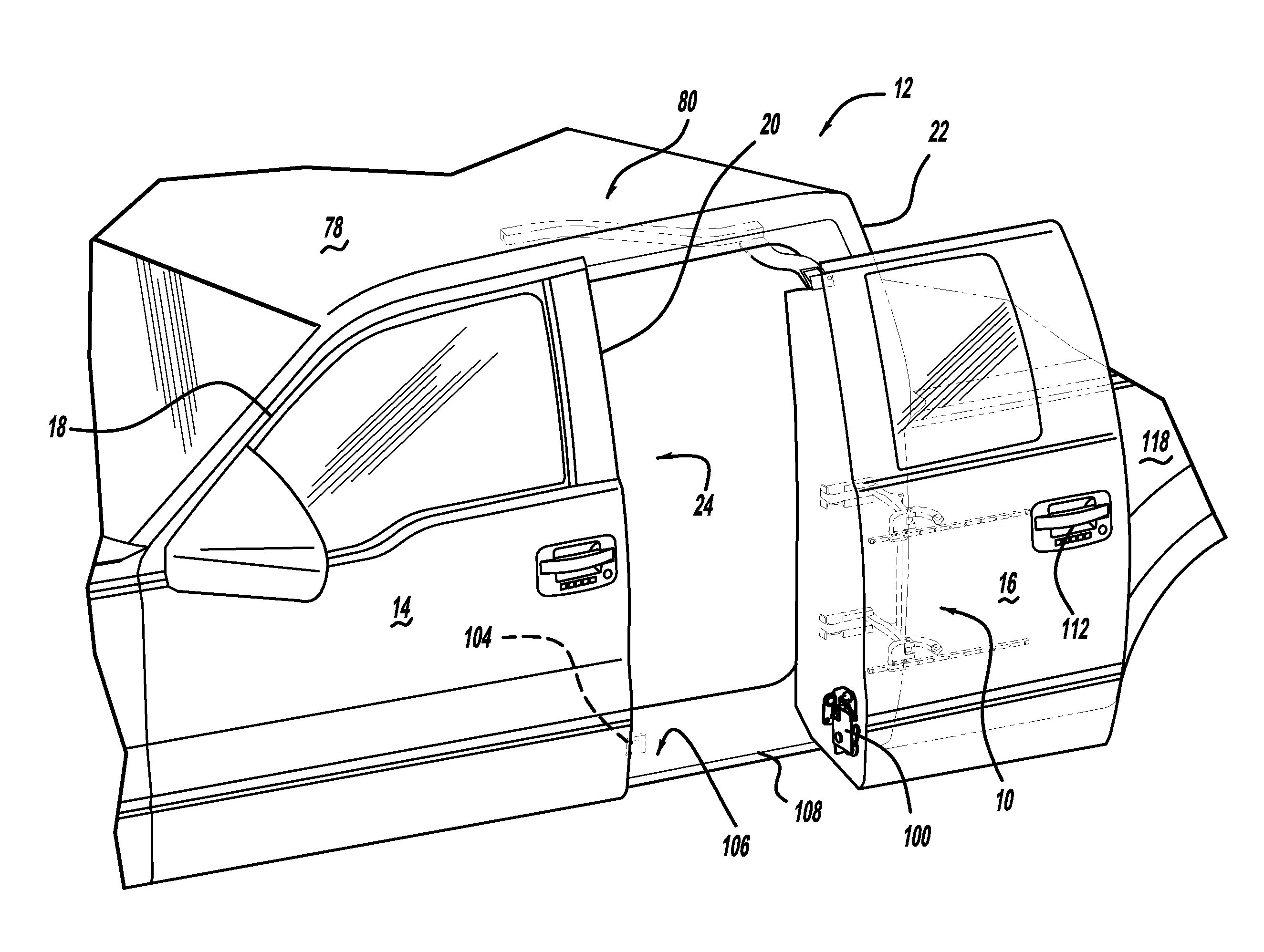 Vehicle dual hinge rear door articulating and sliding system