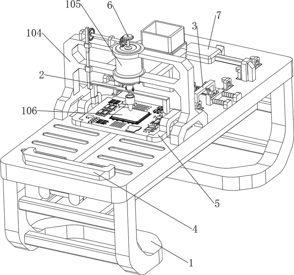 Dispensing, assembling and synthesizing device for automobile integrated circuit board chip