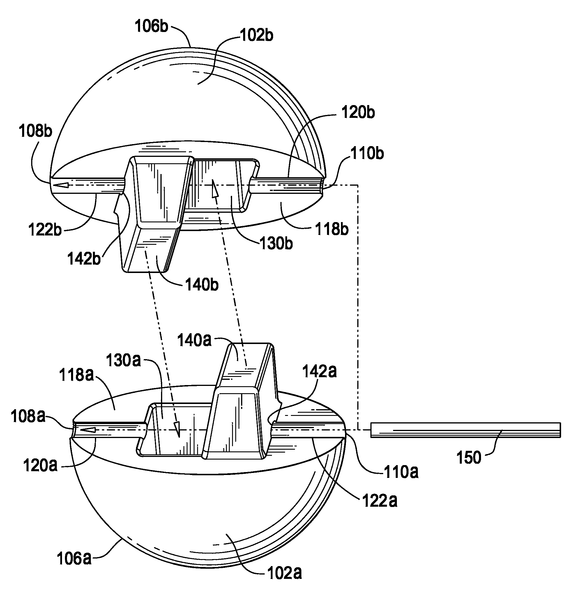 Illuminated ball and mating element for forming such ball