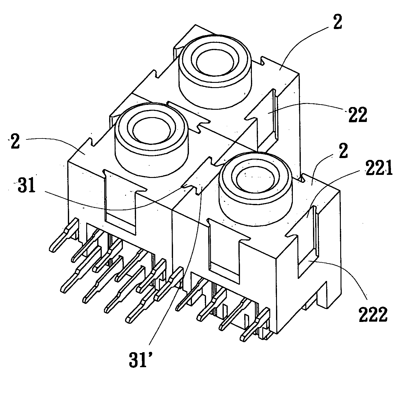 Piled-up audio-source socket