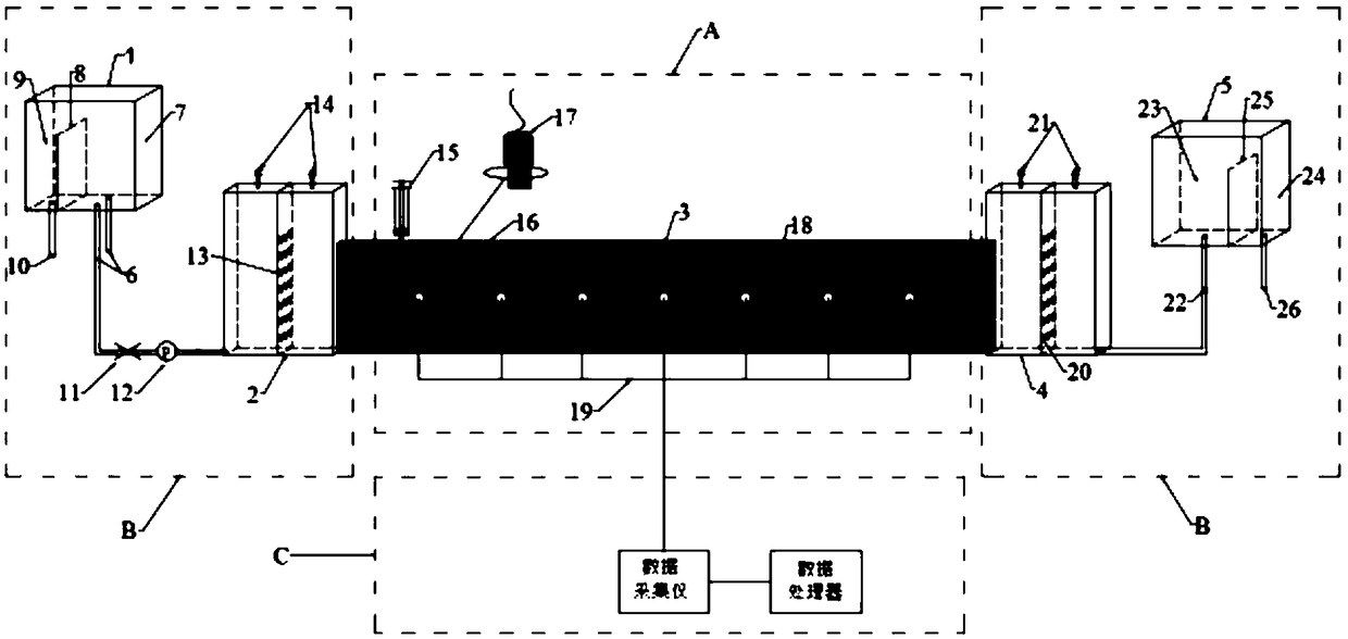 Fracture filling solute transport monitoring test device and method