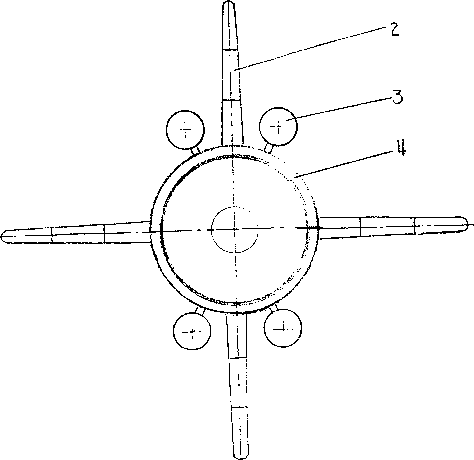 Air-actuated cross rotor and ring form tail wing for ball ammunition and aircraft