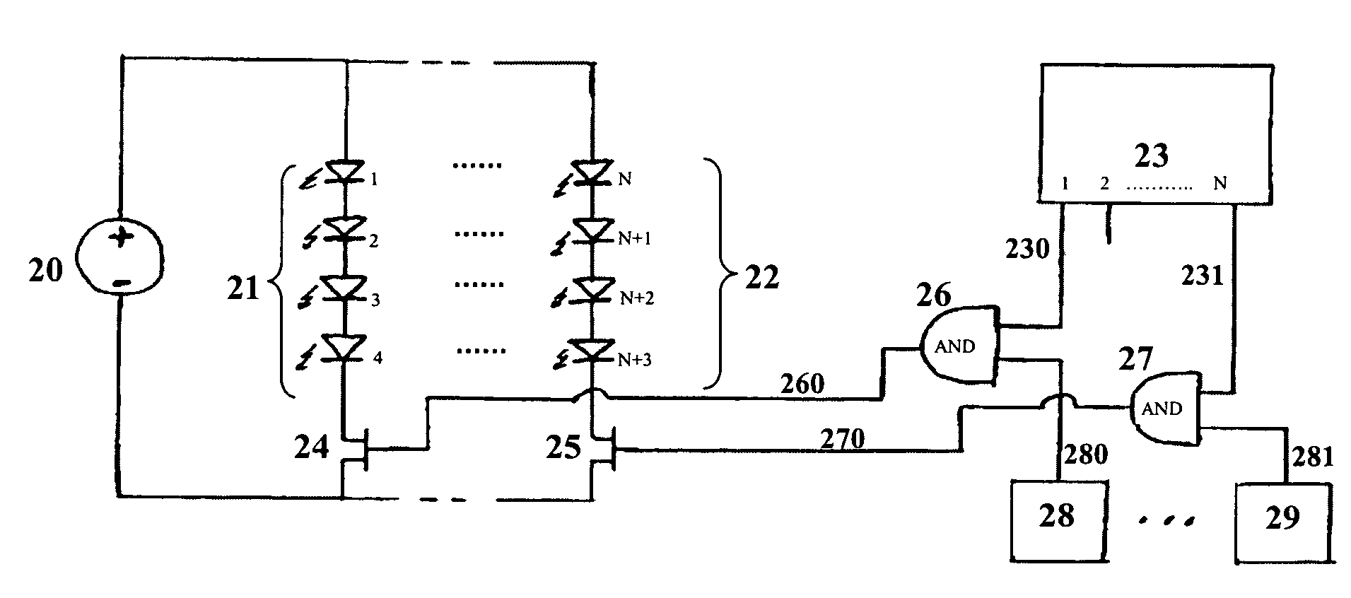 Method and apparatus for scaling the average current supply to light-emitting elements