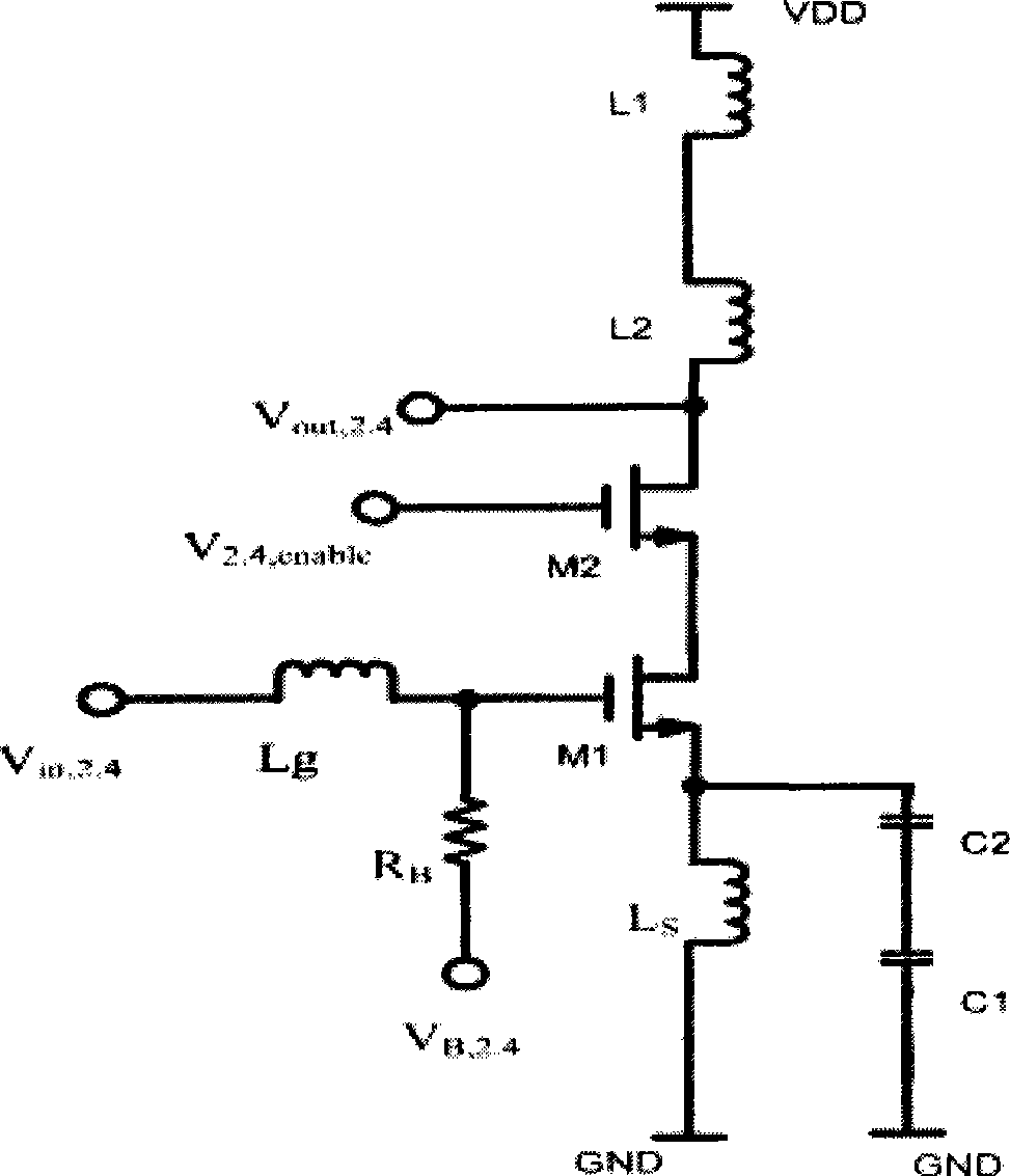 Double-frequency band inductor multiplexing radio frequency CMOS low-noise amplifier