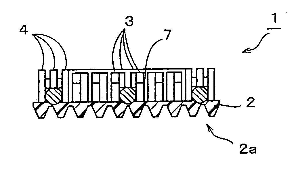 Molded surface fastener and cushion body formed integrally with the molded surface fastener