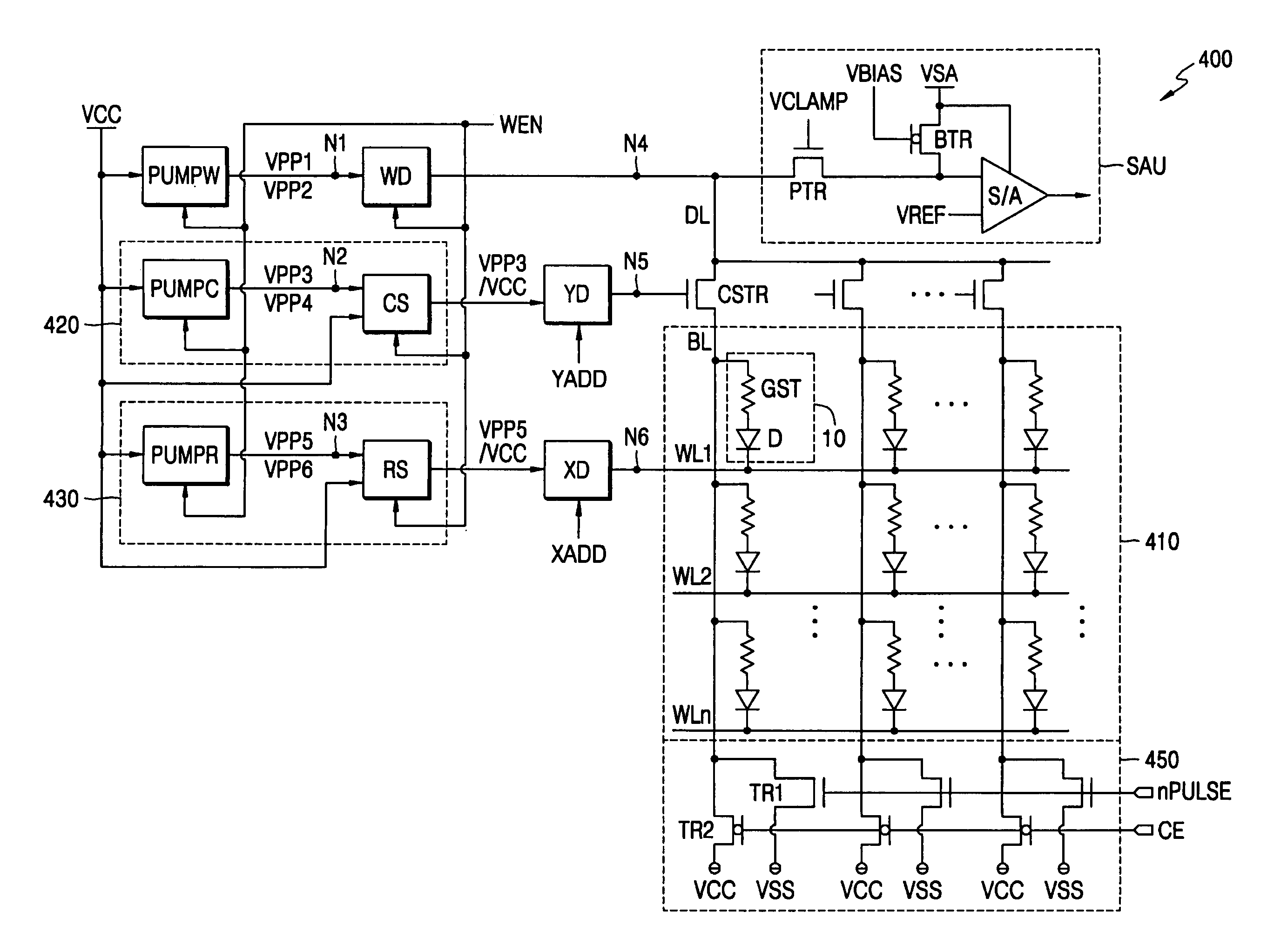 Phase change random access memory device having variable drive voltage circuit