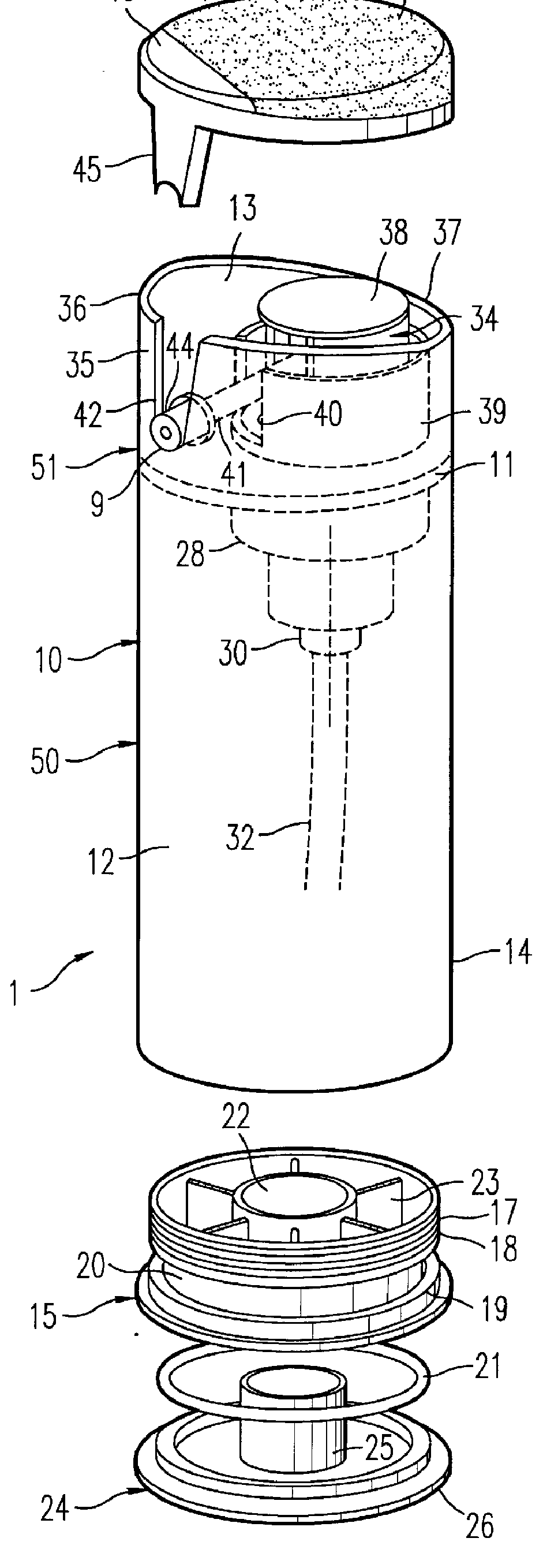 Pump-type packaging unit for a liquid or semi-liquid product