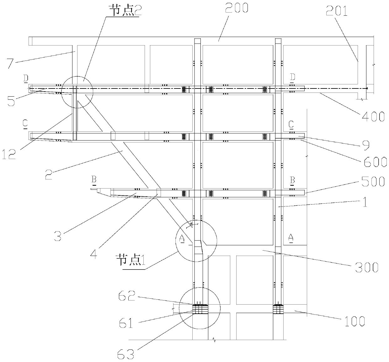 Large-span step-by-step cantilever inclined strut structure based on pull-up and lower-insertion structure and construction method of large-span step-by-step cantilever inclined strut structure