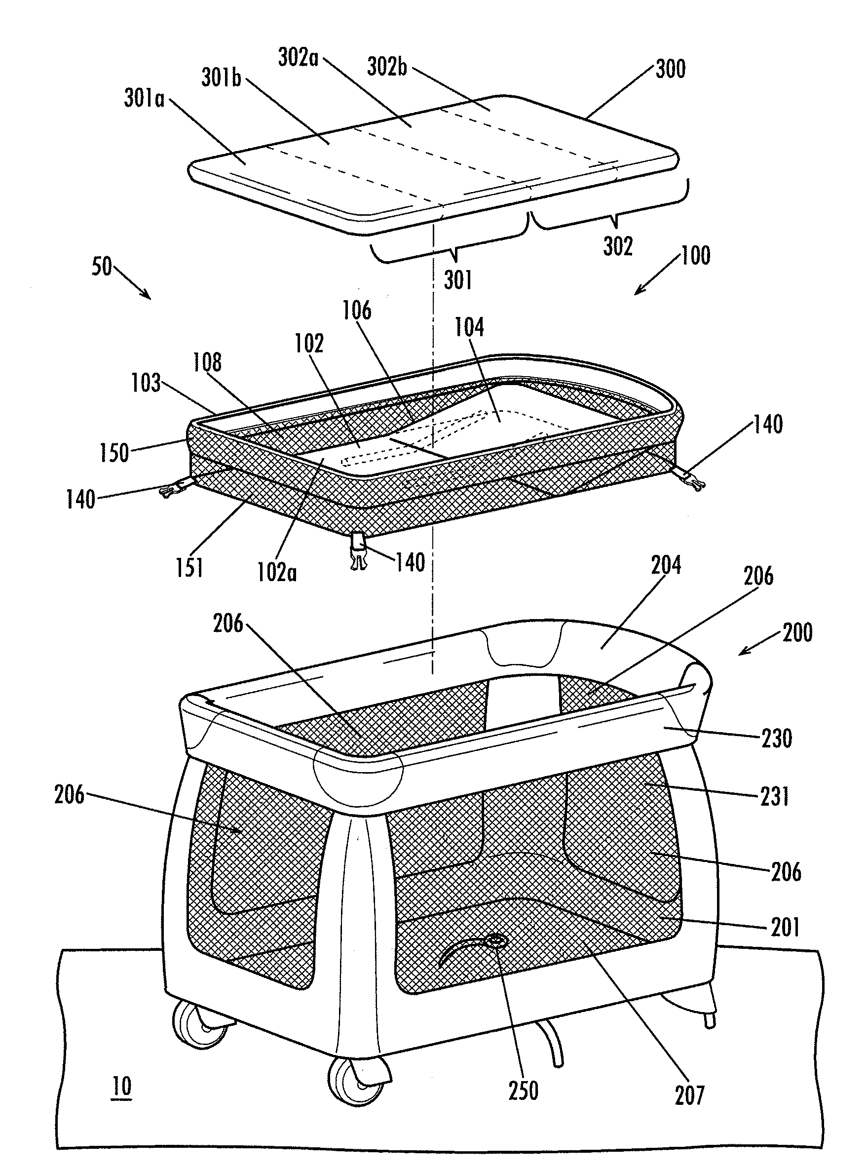 Collapsible play yard and bassinet assembly combination