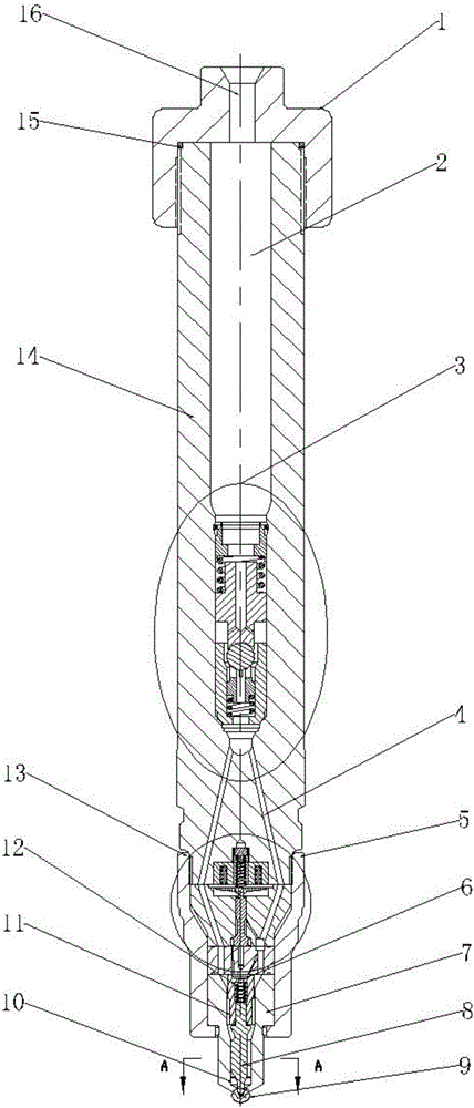 Double-channel oil feeding type electronic control oil injector with carved grooves