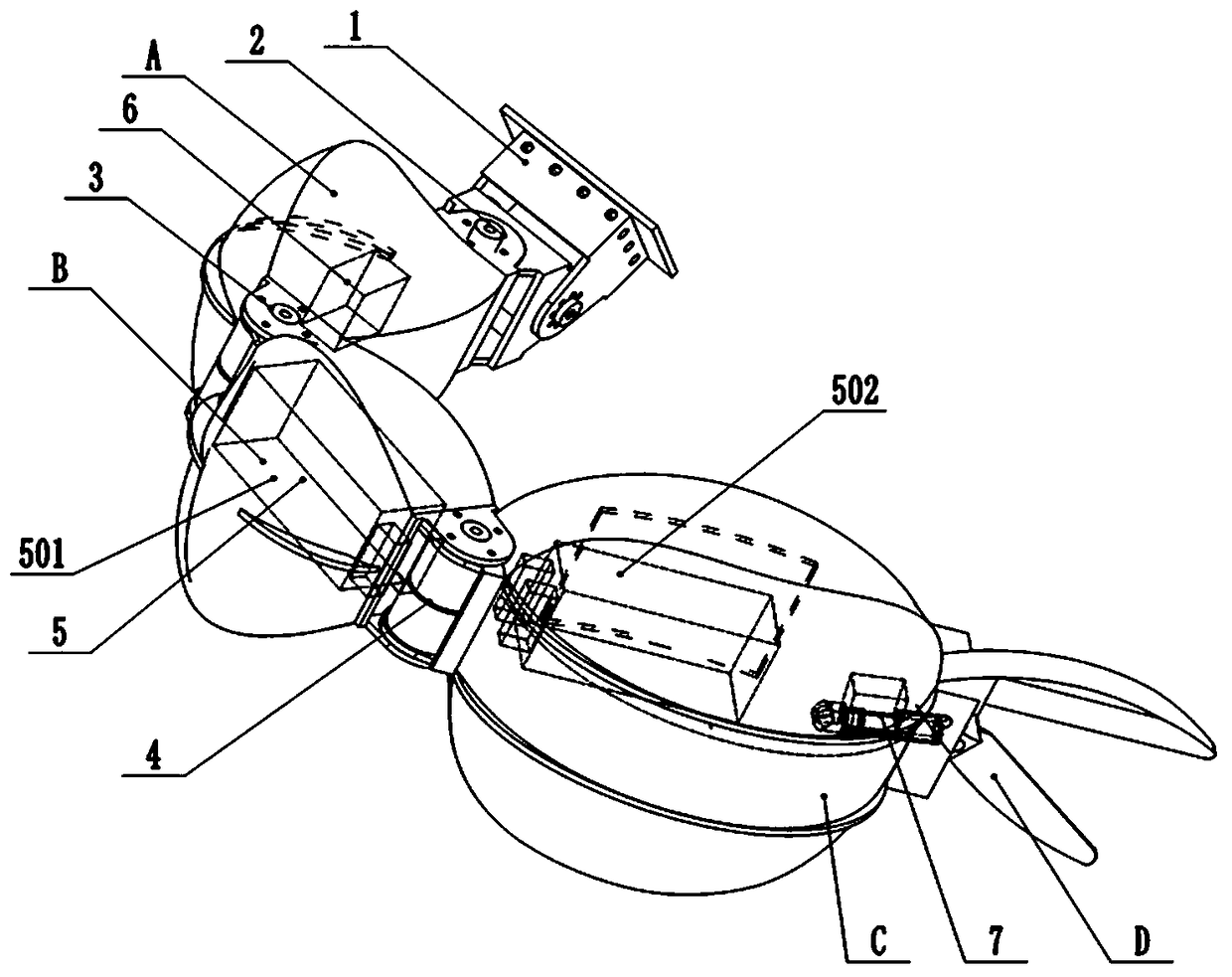 Multi-joint bionic mechanical chela with autonomously-distributed power