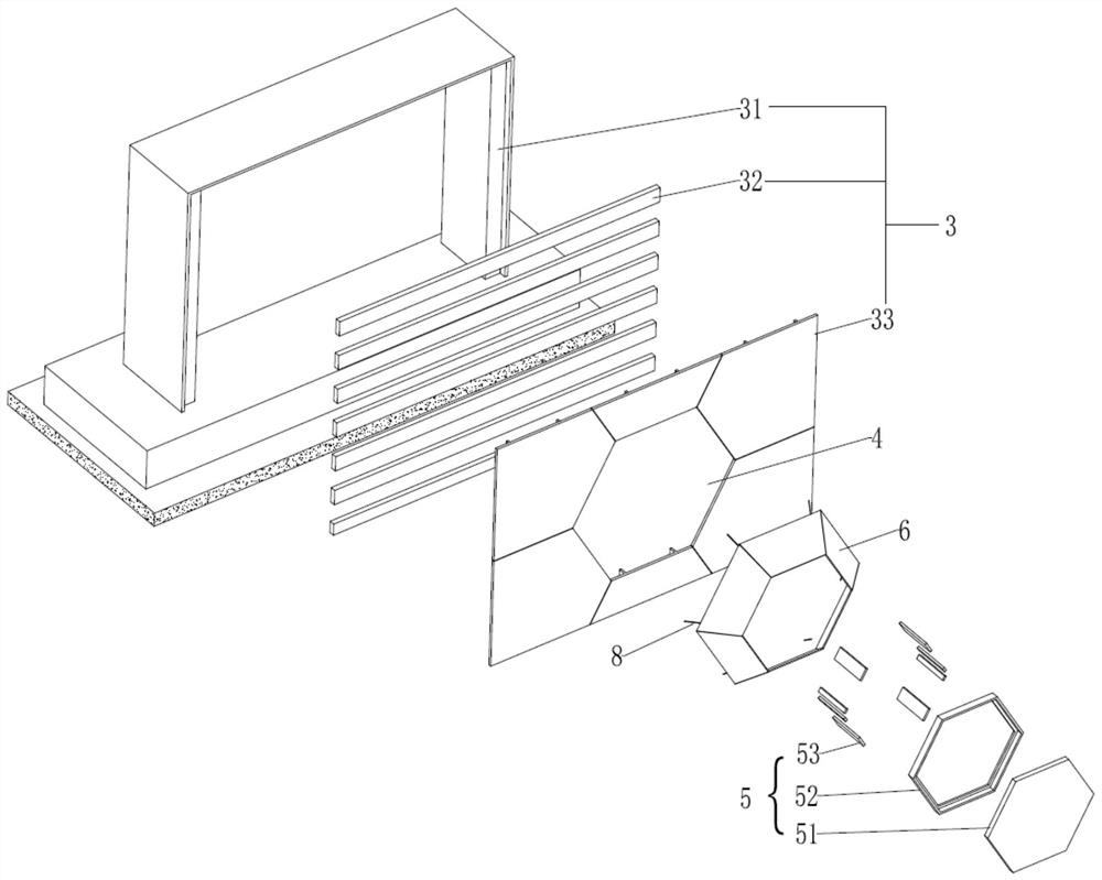 Installation and design structure combining large-specification stainless steel plate and three-dimensional glass modeling