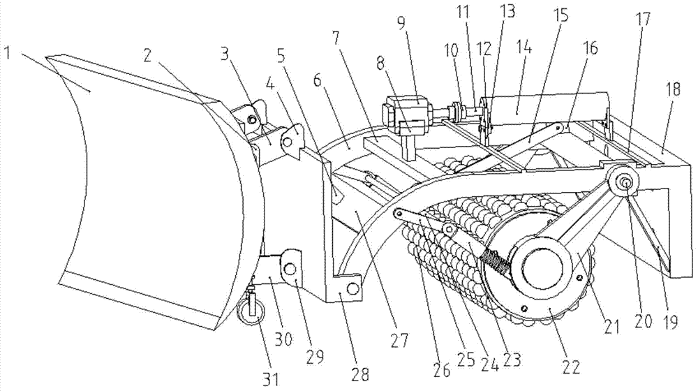 Ice breaking and snow pushing roller shovel mounted on small tractor