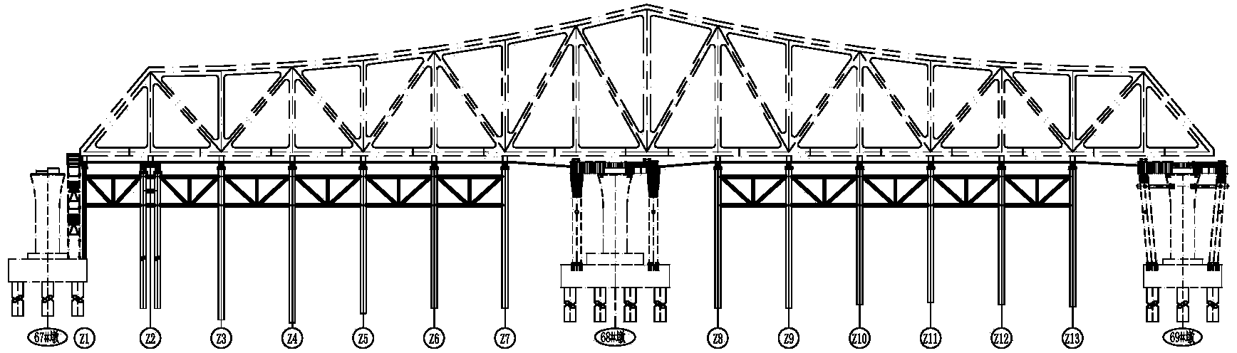 Long-distance pushing construction method of thee-main-truss steel truss beam in single-connection and double-span modes without guide beam