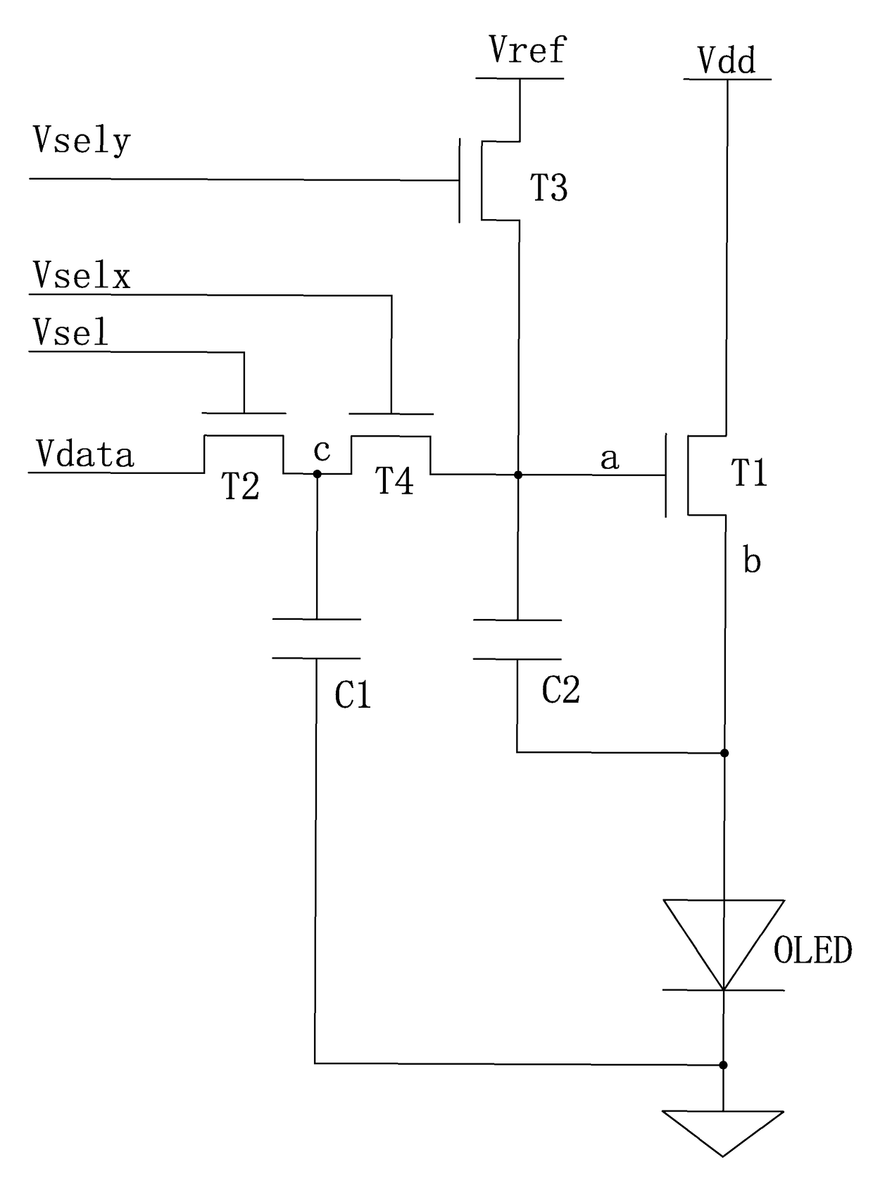 Four-transistor-two-capacitor AMOLED pixel driving circuit and pixel driving method based on the circuit