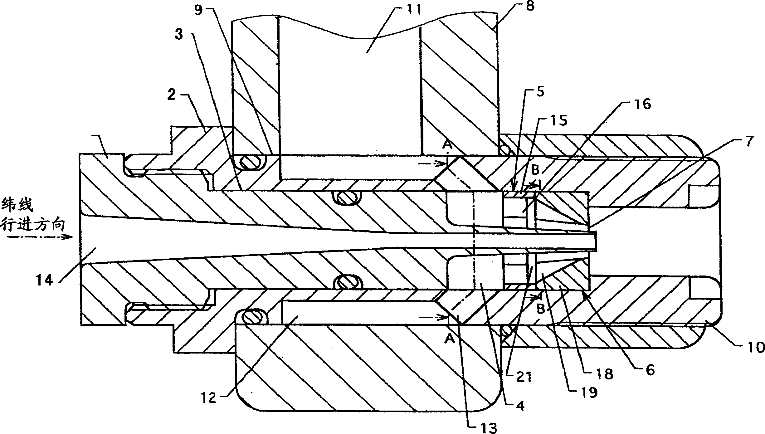 Weft throwing nozzle of fluid spraying type weaving machine