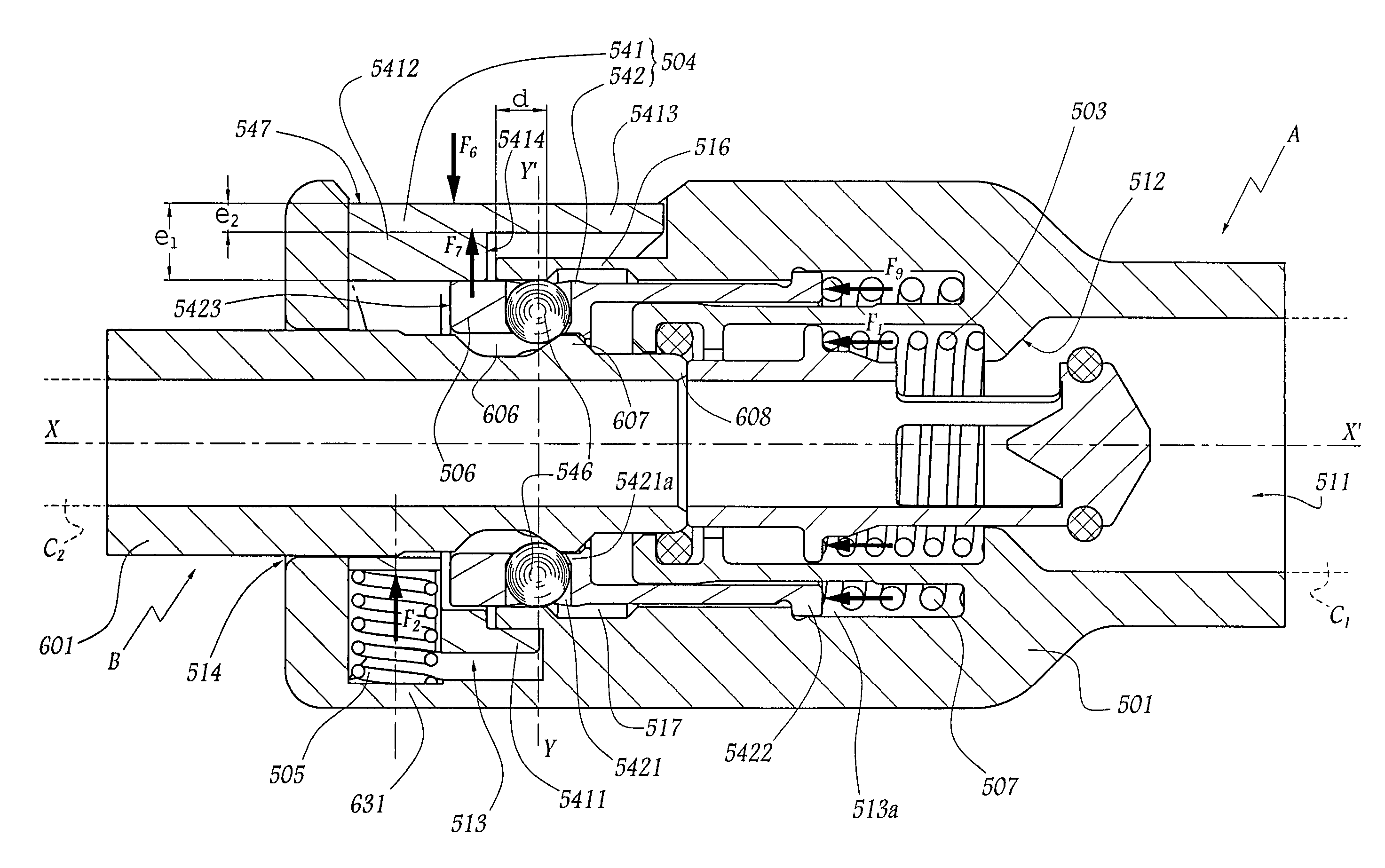 Quick connection and method for uncoupling the male and female elements of such a connection