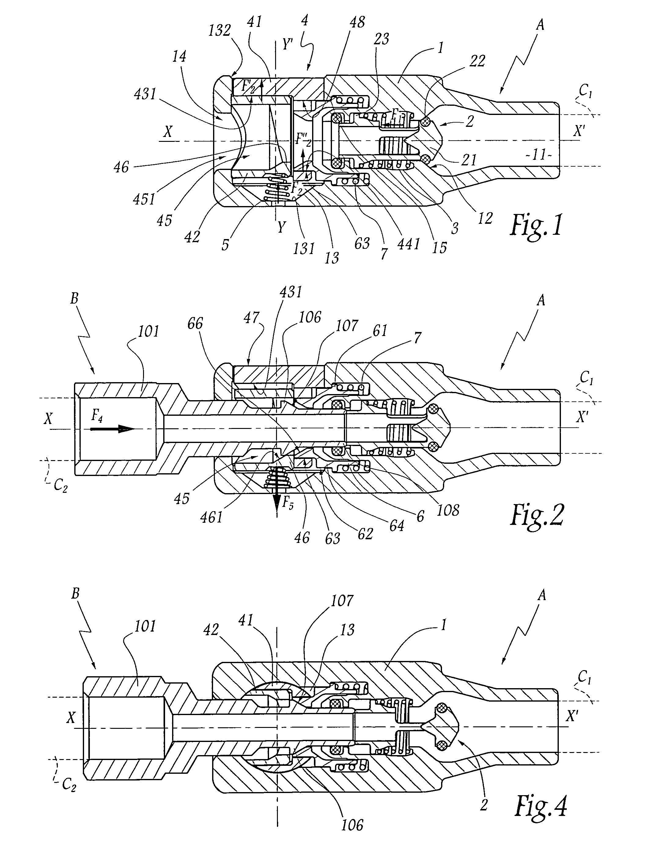 Quick connection and method for uncoupling the male and female elements of such a connection