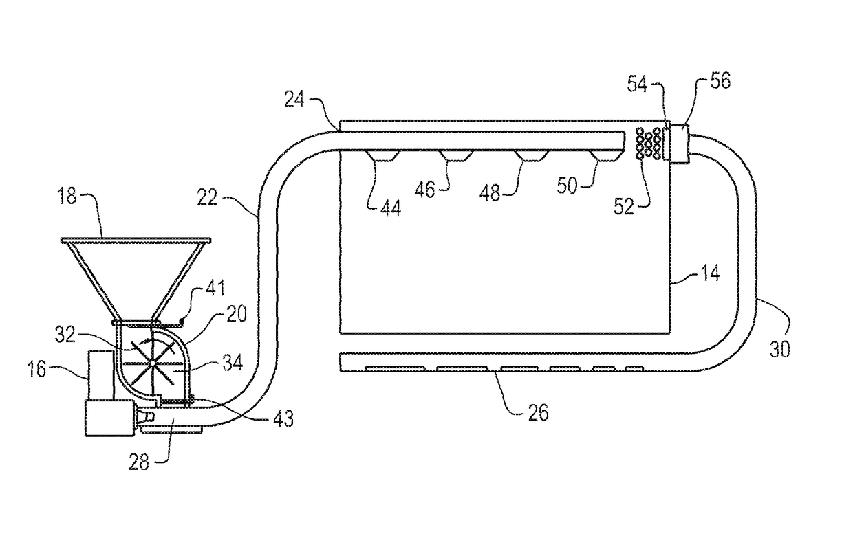 Downward elbow with cyclonic effect and product overflow capability