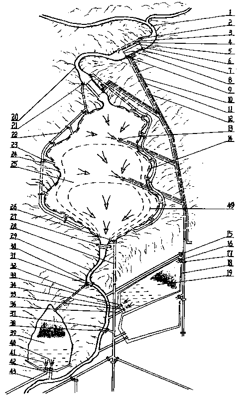 Device for clearing away deposited silt in storage reservoir region permanently and continuously in all directions