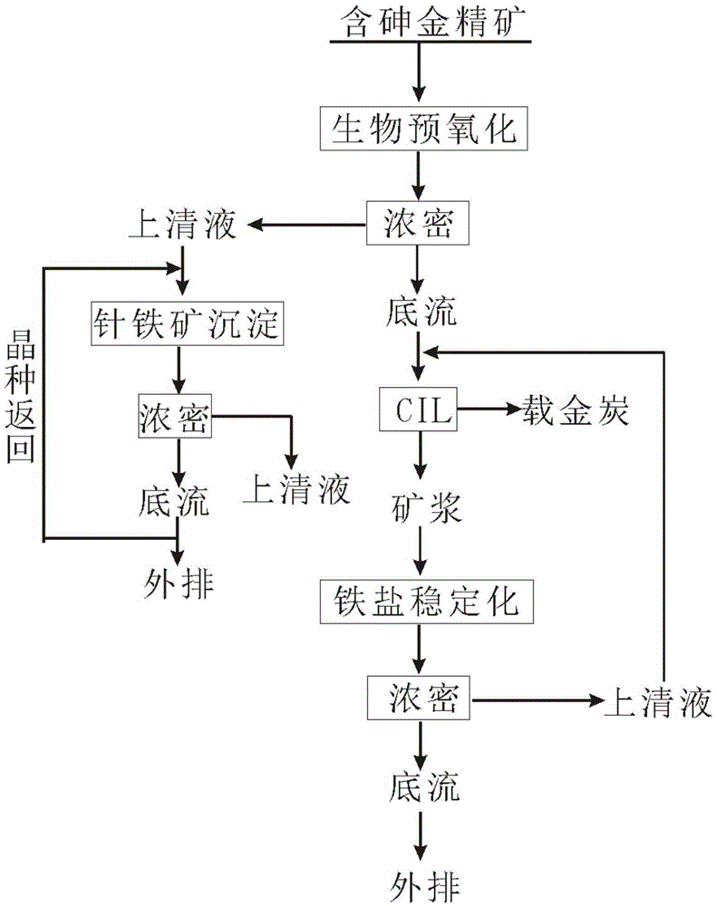 Harmless treatment method of arsenic-bearing slag liquid of biological preoxidation-cyanidation gold extracting process of arsenic-bearing gold concentrate