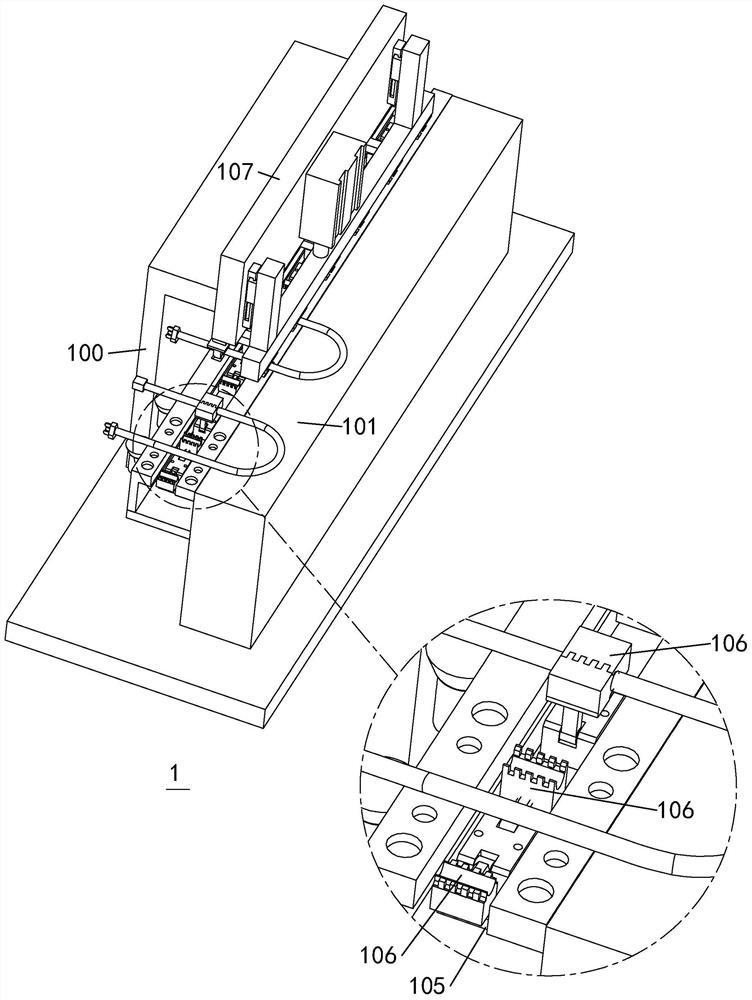 An automatic integration device for power cords before injection molding that combines correction and shaping