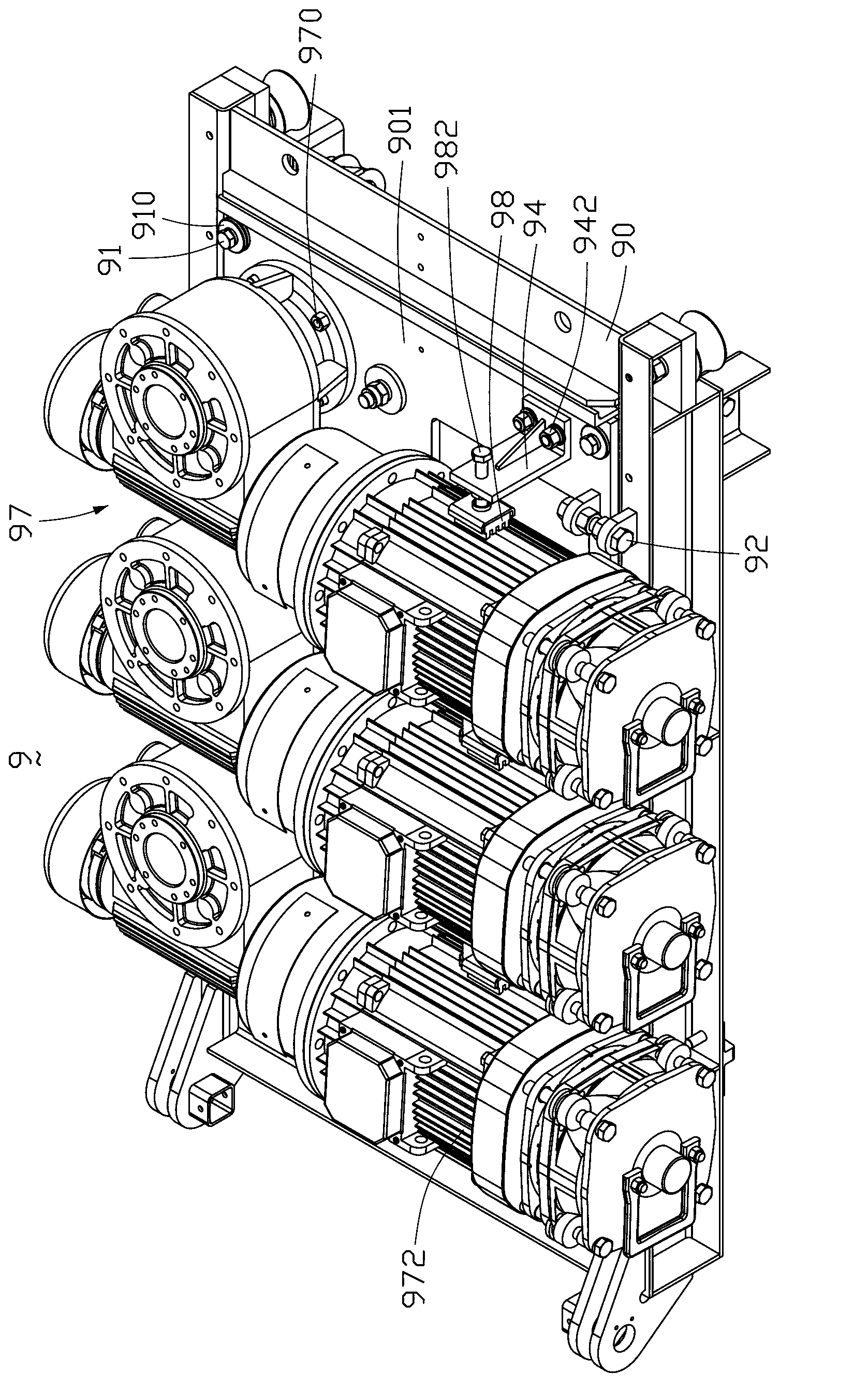 Driving body supporting frame for construction hoisting machine and driving body assembly transmission line with same