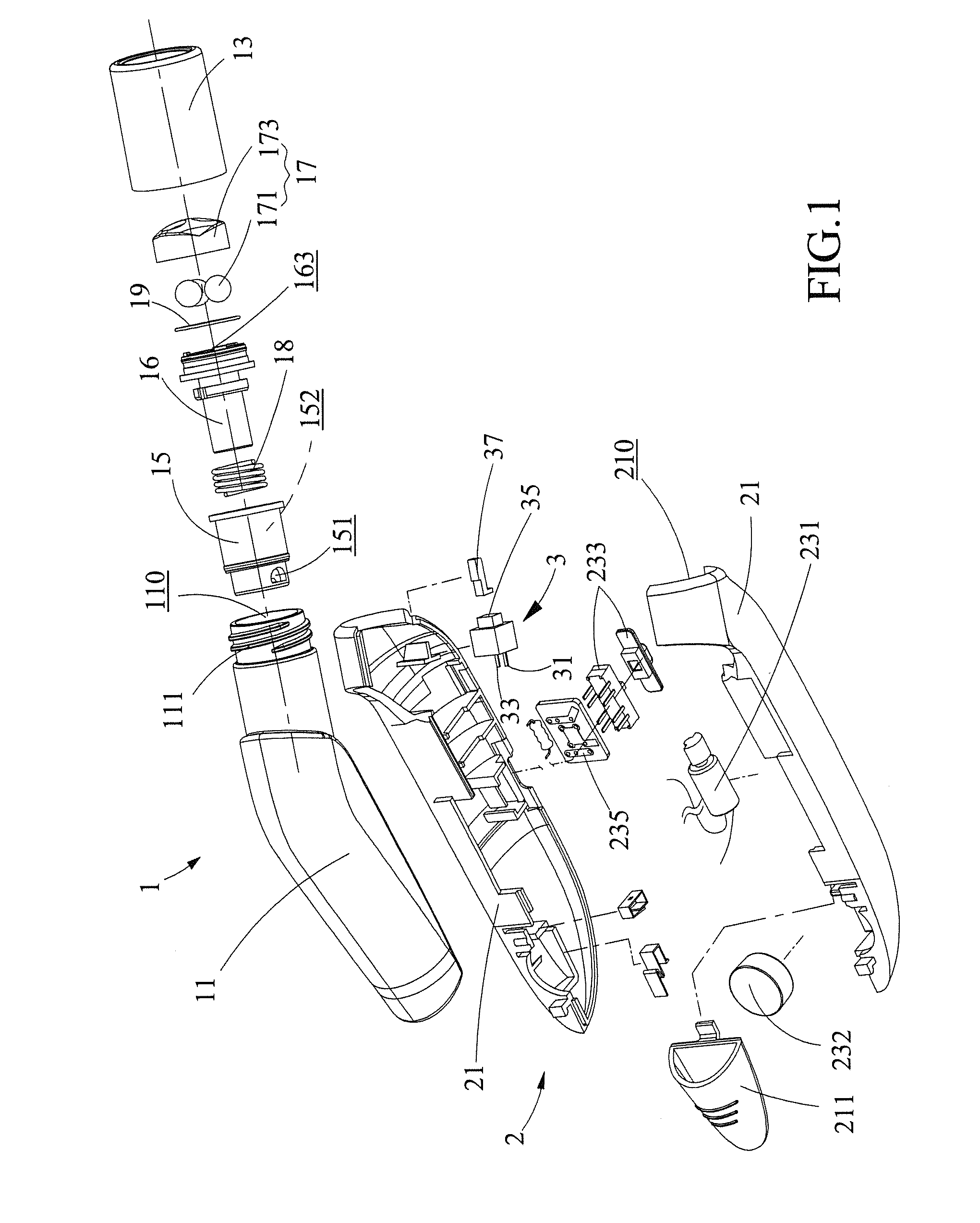 Liquid dispensing massage device with double switch