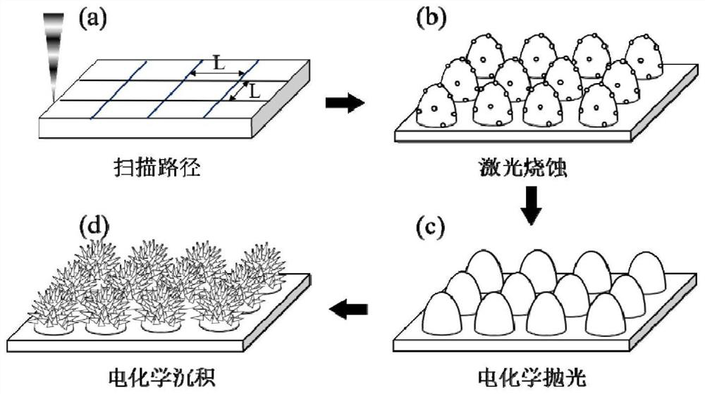 A system and method for preparing biomimetic superhydrophobic metal surface by laser-electrochemical deposition