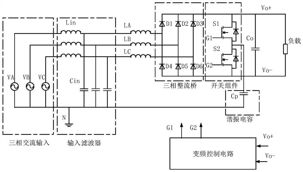 Variable-frequency resonant three-phase power factor correction converter