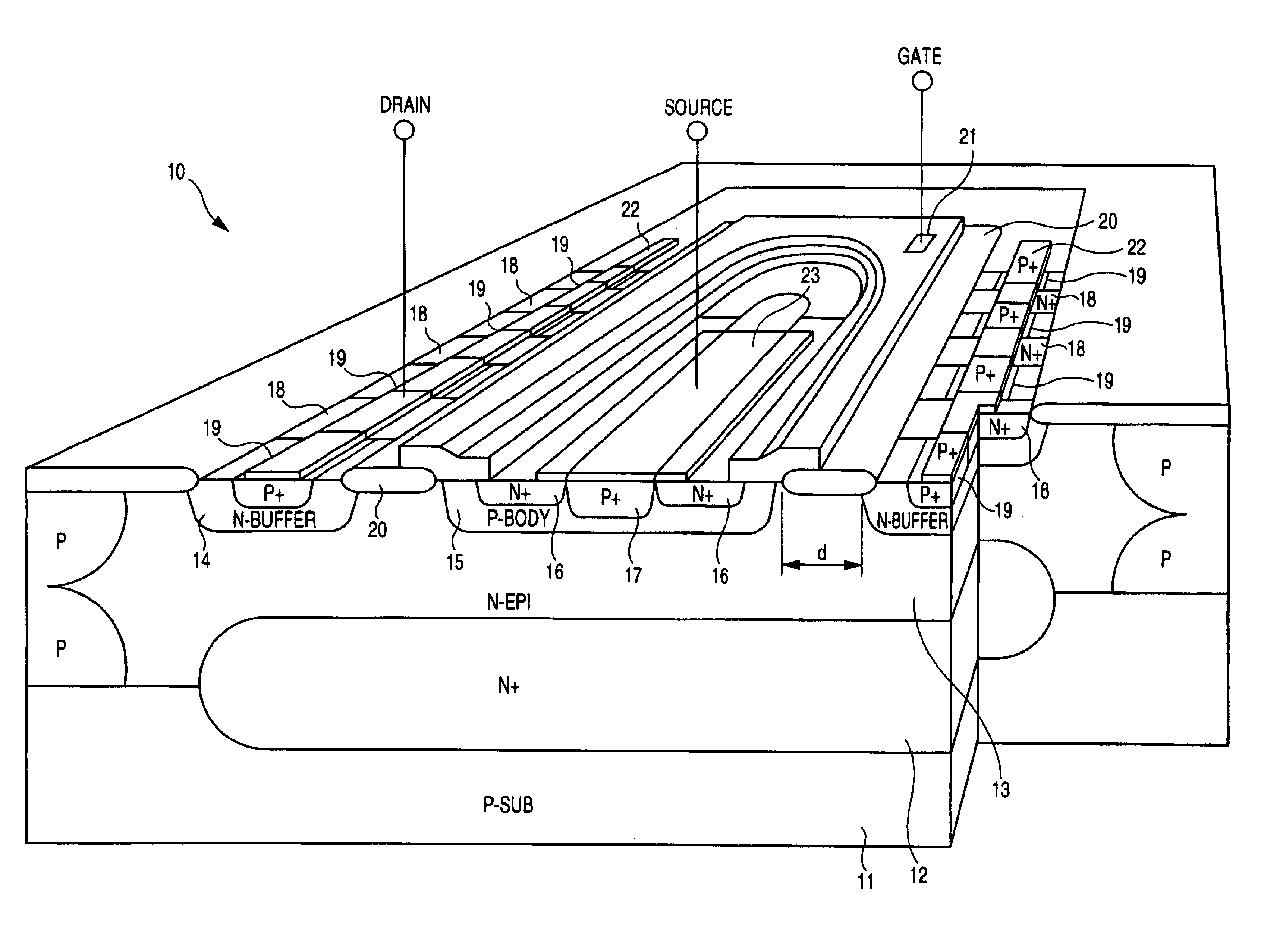 Double diffusion MOSFET with N+ and P+ type regions at an equal potential