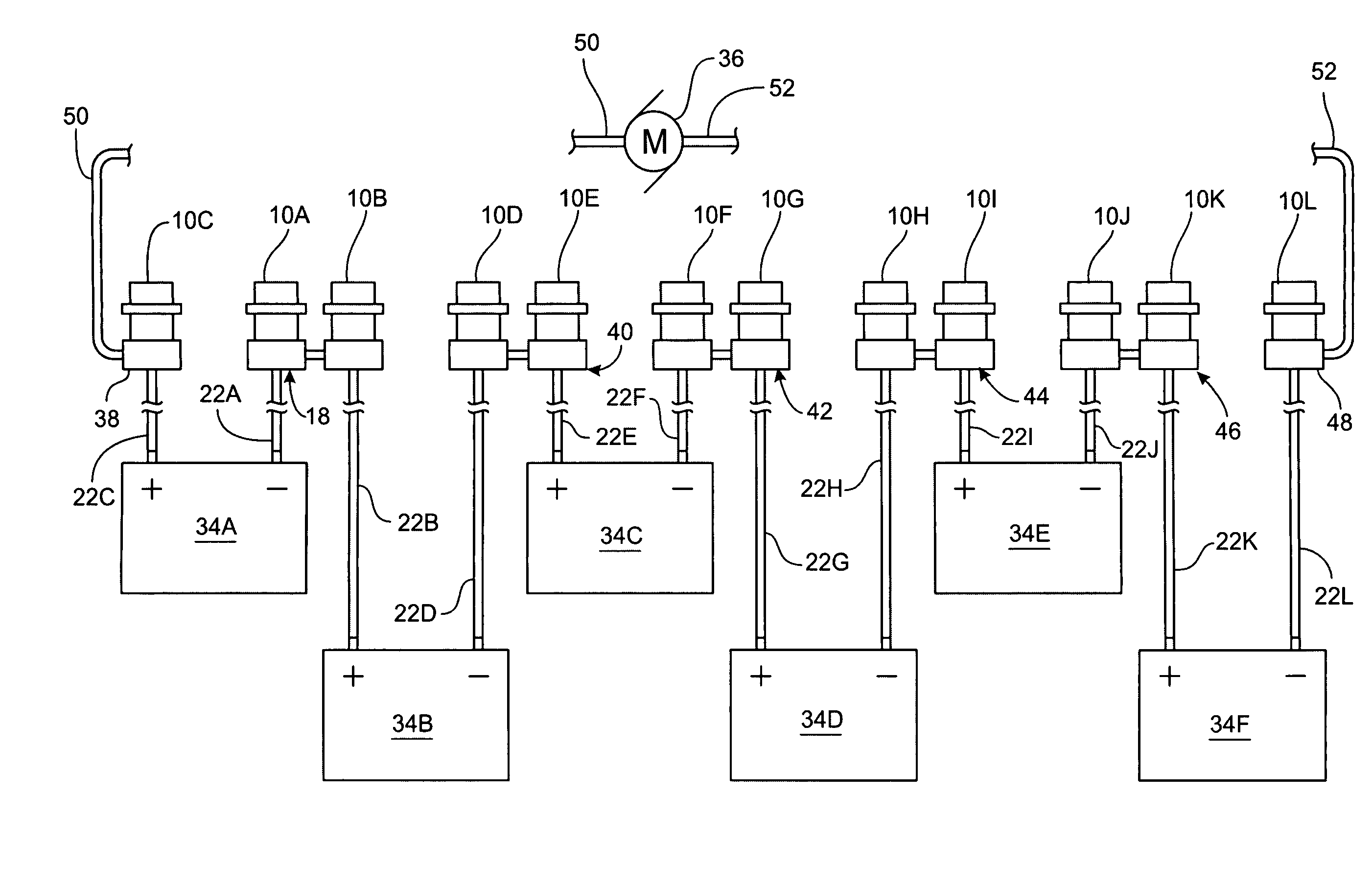 Charging contact array for enabling parallel charging and series discharging of batteries