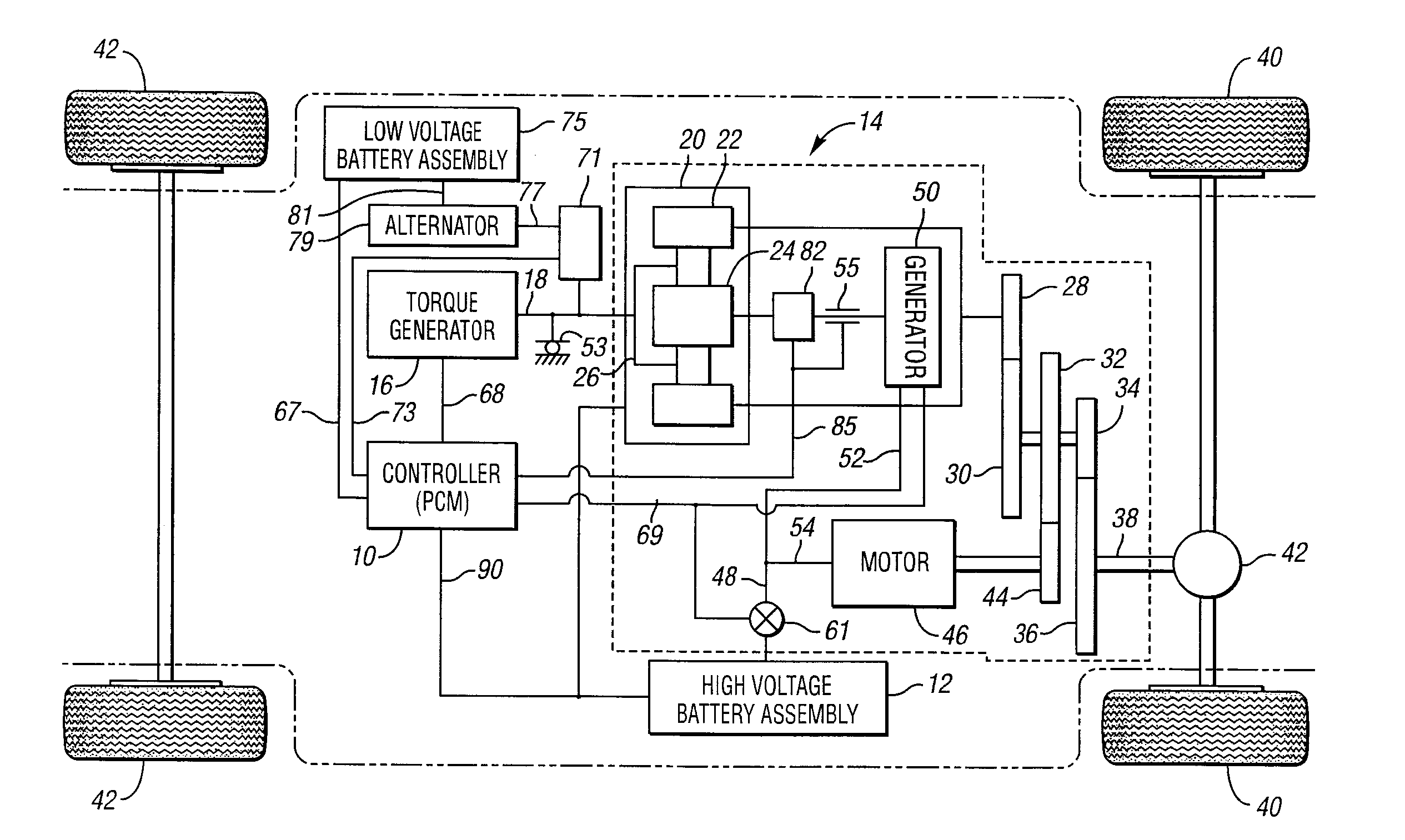 Hybrid electric vehicle powertrain with an alternate operating mode without a high voltage system